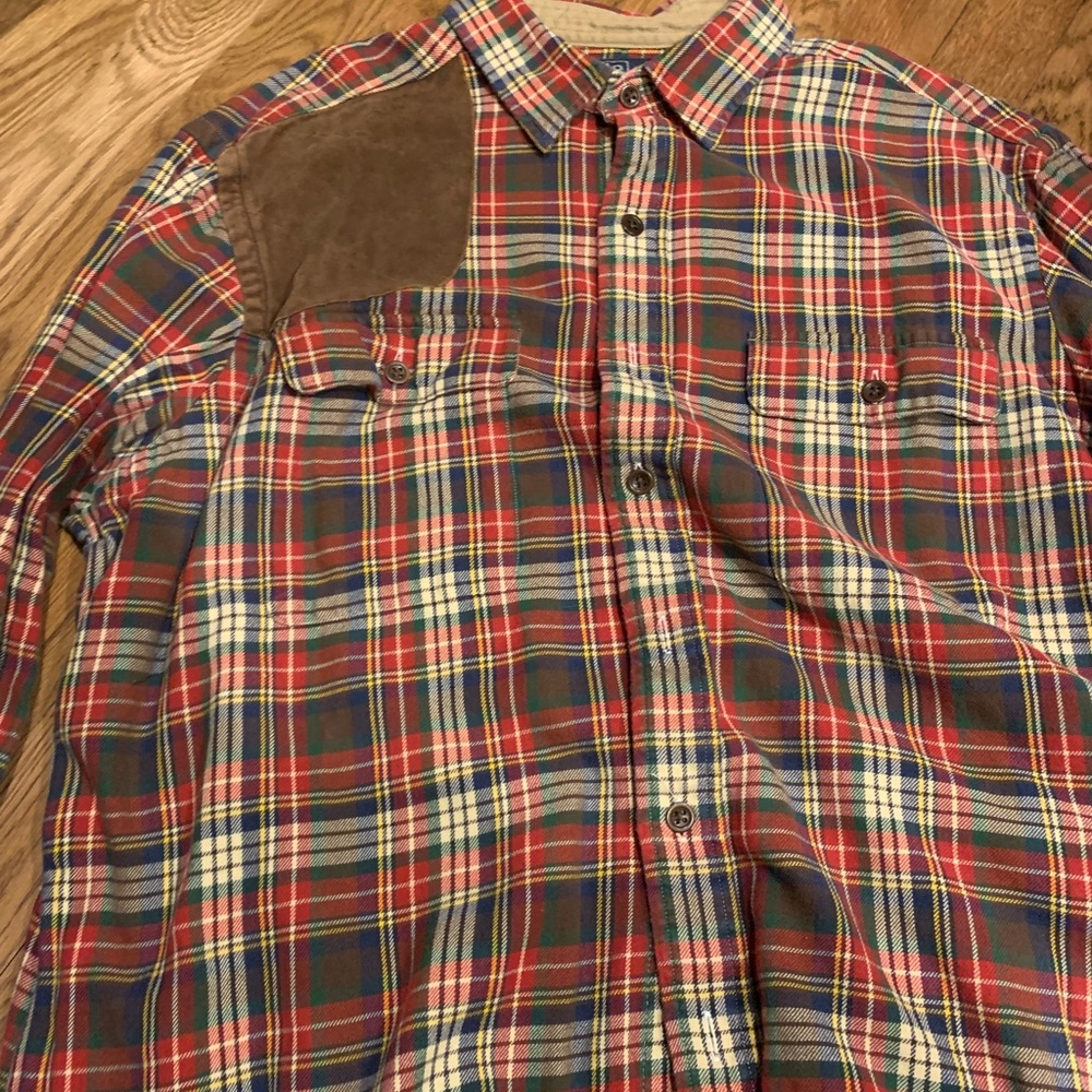 Men's Red Plaid Shirt with Brown Patch